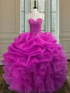 Ideal Fuchsia Lace Up 15th Birthday Dress Beading and Ruffles Sleeveless Floor Length