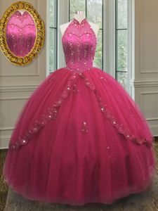 Halter Top Hot Pink Tulle Lace Up Sweet 16 Dress Sleeveless Floor Length Beading and Appliques