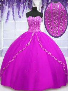 Fuchsia Sweetheart Lace Up Beading Damas Dress Sleeveless