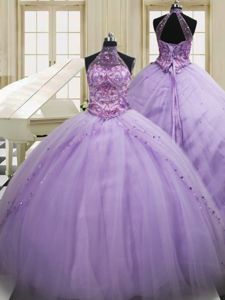 Extravagant Lavender Lace Up Halter Top Beading and Embroidery Quinceanera Dresses Tulle Sleeveless Sweep Train