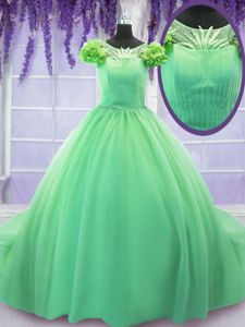 Excellent Tulle Scoop Short Sleeves Court Train Lace Up Hand Made Flower Quinceanera Dresses in Green