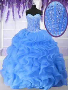 Unique Blue Lace Up Quinceanera Dama Dress Ruffles and Sequins Sleeveless Floor Length