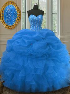 Floor Length Baby Blue Quince Ball Gowns Organza Long Sleeves Beading and Embroidery and Hand Made Flower