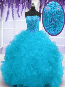 Excellent Sleeveless Brush Train Beading and Ruffles Lace Up 15 Quinceanera Dress