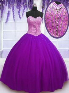 Latest Eggplant Purple Ball Gowns Beading Quinceanera Gowns Lace Up Tulle Sleeveless Floor Length