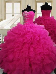 Floor Length Zipper 15th Birthday Dress Hot Pink and In for Military Ball and Sweet 16 and Quinceanera with Beading