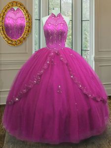 Traditional Floor Length Fuchsia Quinceanera Gowns High-neck Sleeveless Lace Up