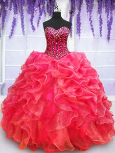 Red Ball Gowns Organza Sweetheart Sleeveless Beading and Appliques and Ruffled Layers Floor Length Lace Up Quinceanera Dresses