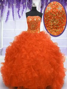 Fabulous Sleeveless Organza With Brush Train Lace Up Ball Gown Prom Dress in Orange Red for with Beading and Appliques and Ruffles