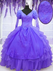 Artistic Long Sleeves Floor Length Beading and Embroidery and Hand Made Flower Lace Up Vestidos de Quinceanera with Purple