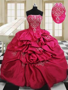 Floor Length Hot Pink Quinceanera Dress Taffeta Sleeveless Beading and Embroidery and Pick Ups