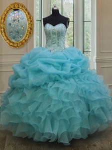 Baby Blue Ball Gowns Beading and Pick Ups Ball Gown Prom Dress Lace Up Organza Sleeveless Floor Length