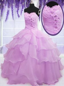 Cheap Sleeveless Organza Floor Length Lace Up Quinceanera Gowns in Lilac for with Beading and Ruffled Layers and Hand Made Flower