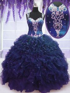 Navy Blue Zipper Straps Beading and Ruffles Quince Ball Gowns Tulle Sleeveless