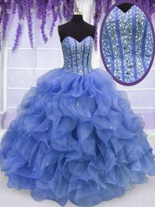 Floor Length Blue Sweet 16 Dresses Organza Sleeveless Beading and Ruffles