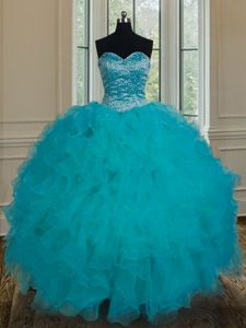 Teal Sleeveless Tulle Lace Up 15 Quinceanera Dress for Military Ball and Sweet 16 and Quinceanera