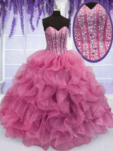 Free and Easy Ball Gowns Quinceanera Dress Rose Pink Sweetheart Organza Sleeveless Floor Length Lace Up