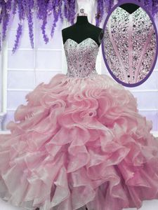 Beading and Ruffles Vestidos de Quinceanera Rose Pink Lace Up Sleeveless Floor Length