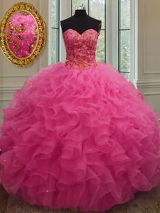 Deluxe Beading and Ruffles Sweet 16 Dresses Hot Pink Lace Up Sleeveless Floor Length