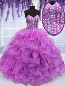 Extravagant Lilac Sleeveless Floor Length Beading and Ruffles Lace Up Sweet 16 Dresses