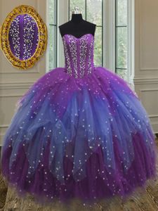 Multi-color Lace Up Quinceanera Gowns Beading and Ruffles and Sequins Sleeveless Floor Length