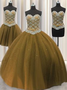 Three Piece Brown Ball Gowns Sweetheart Sleeveless Tulle Floor Length Lace Up Beading and Sequins Ball Gown Prom Dress