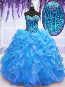 Excellent Floor Length Lace Up Quinceanera Dresses Blue and In for Military Ball and Sweet 16 and Quinceanera with Beading and Ruffles