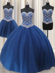 Beautiful Three Piece Blue Lace Up Sweetheart Beading and Sequins Ball Gown Prom Dress Tulle Sleeveless