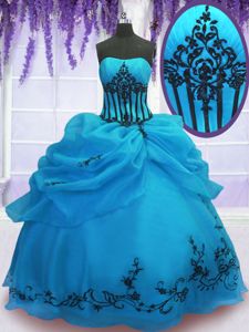 Blue Ball Gowns Embroidery Sweet 16 Dresses Lace Up Organza Sleeveless Floor Length