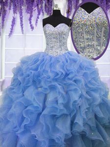 Sweetheart Sleeveless Sweet 16 Quinceanera Dress Floor Length Beading and Ruffles Blue Organza