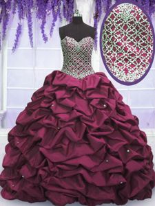 Burgundy Ball Gowns Sweetheart Sleeveless Taffeta Floor Length Lace Up Beading and Sequins and Pick Ups 15 Quinceanera Dress