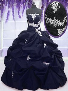 Appliques and Pick Ups Quinceanera Dresses Navy Blue Lace Up Sleeveless Floor Length