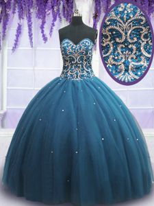 Teal Sweetheart Neckline Beading and Appliques Quinceanera Gown Sleeveless Lace Up