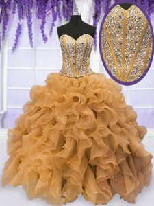 Classical Gold Organza Lace Up Sweetheart Sleeveless Floor Length Vestidos de Quinceanera Beading and Ruffles