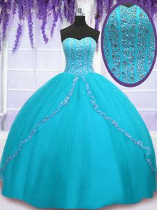 Best Sweetheart Sleeveless Tulle Quince Ball Gowns Beading and Sequins Backless