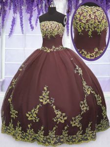 Wonderful Floor Length Chocolate Sweet 16 Quinceanera Dress Tulle Sleeveless Lace and Appliques