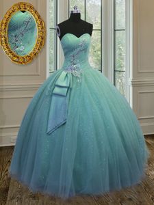 Turquoise Ball Gowns Sweetheart Sleeveless Tulle Floor Length Lace Up Beading and Ruching and Bowknot Quinceanera Gowns