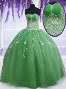 Green Sleeveless Organza Zipper 15th Birthday Dress for Military Ball and Sweet 16 and Quinceanera