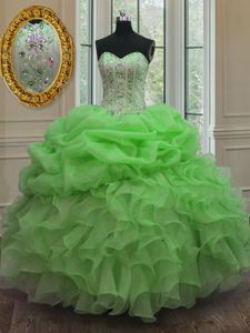 Customized Floor Length Yellow Green Quinceanera Dresses Organza Sleeveless Beading and Embroidery and Ruffles