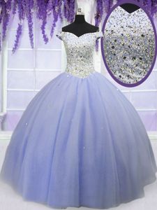 Popular Purple Tulle Lace Up Quinceanera Gowns Sleeveless Floor Length Beading and Sequins