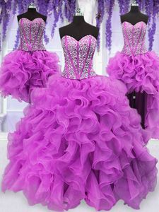 Beautiful Four Piece Sleeveless Ruffles and Sequins Lace Up Quince Ball Gowns