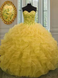 Ball Gowns Quinceanera Gown Gold Sweetheart Organza Sleeveless Floor Length Lace Up