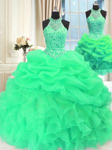 Three Piece Green High-neck Lace Up Beading and Pick Ups 15 Quinceanera Dress Sleeveless