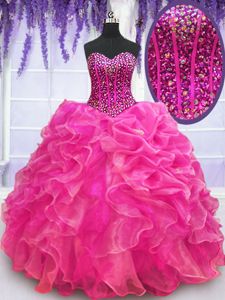 Hot Pink Sleeveless Beading and Ruffles Floor Length Quinceanera Dresses