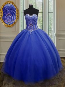 High Class Organza Sweetheart Sleeveless Lace Up Beading and Belt Quinceanera Gown in Royal Blue