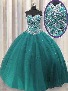 Floor Length Lace Up Sweet 16 Dress Teal and In for Military Ball and Sweet 16 and Quinceanera with Beading and Sequins