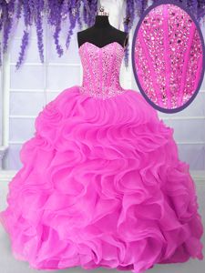 Fuchsia Sleeveless Floor Length Beading and Ruffles Lace Up Vestidos de Quinceanera