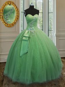 Yellow Green Ball Gowns Beading and Ruching and Bowknot Quinceanera Dress Lace Up Tulle Sleeveless Floor Length