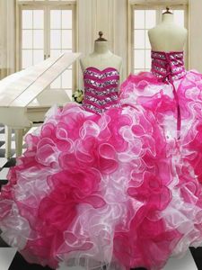 Pink And White Sweetheart Neckline Beading and Ruffles 15th Birthday Dress Sleeveless Lace Up