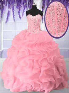 Elegant Organza Sweetheart Sleeveless Lace Up Beading and Ruffles 15th Birthday Dress in Pink